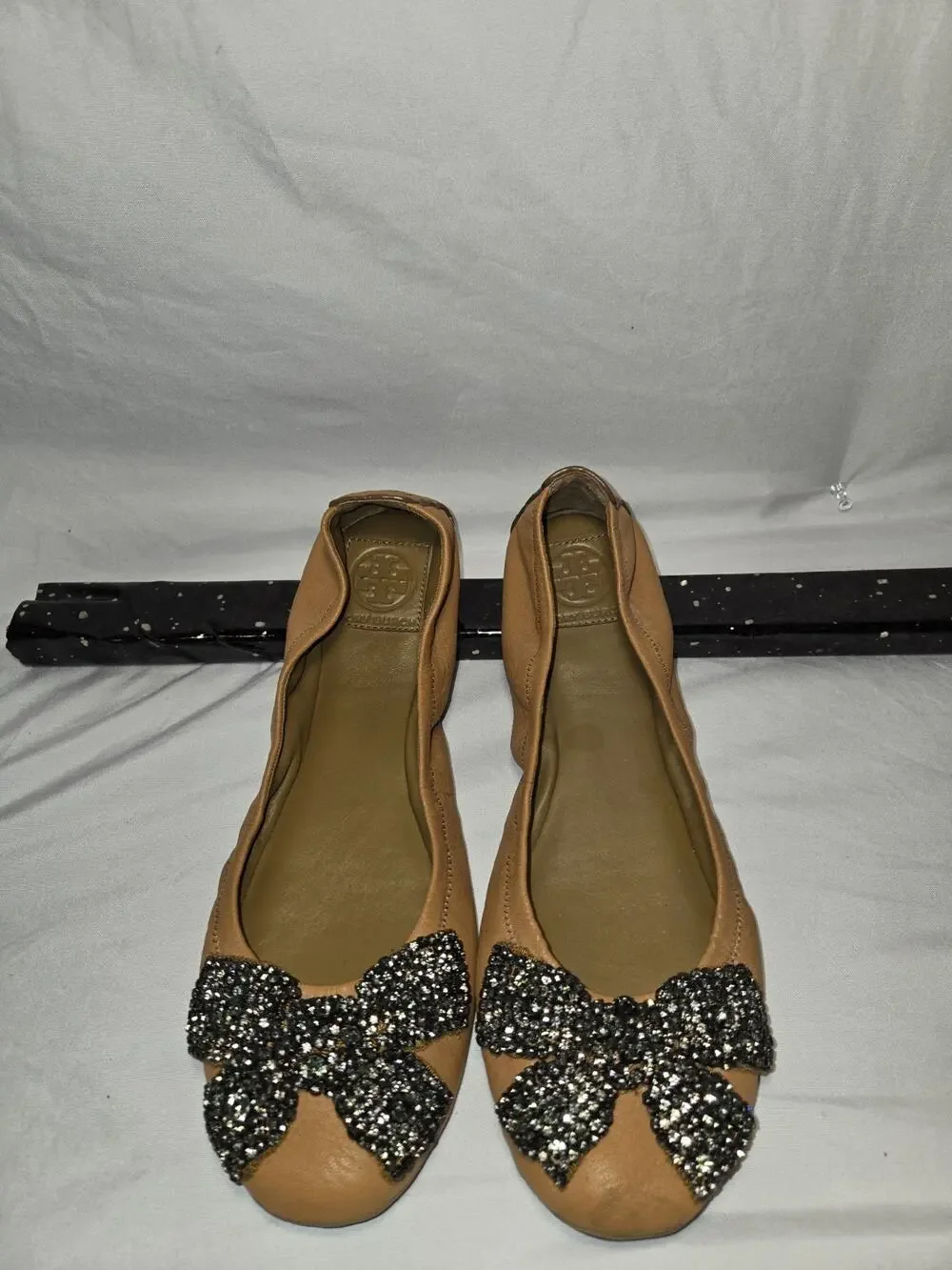 Tory Burch Eddie Black Leather Rhinestone Bow Ballet Flats Size 10 Butter Soft